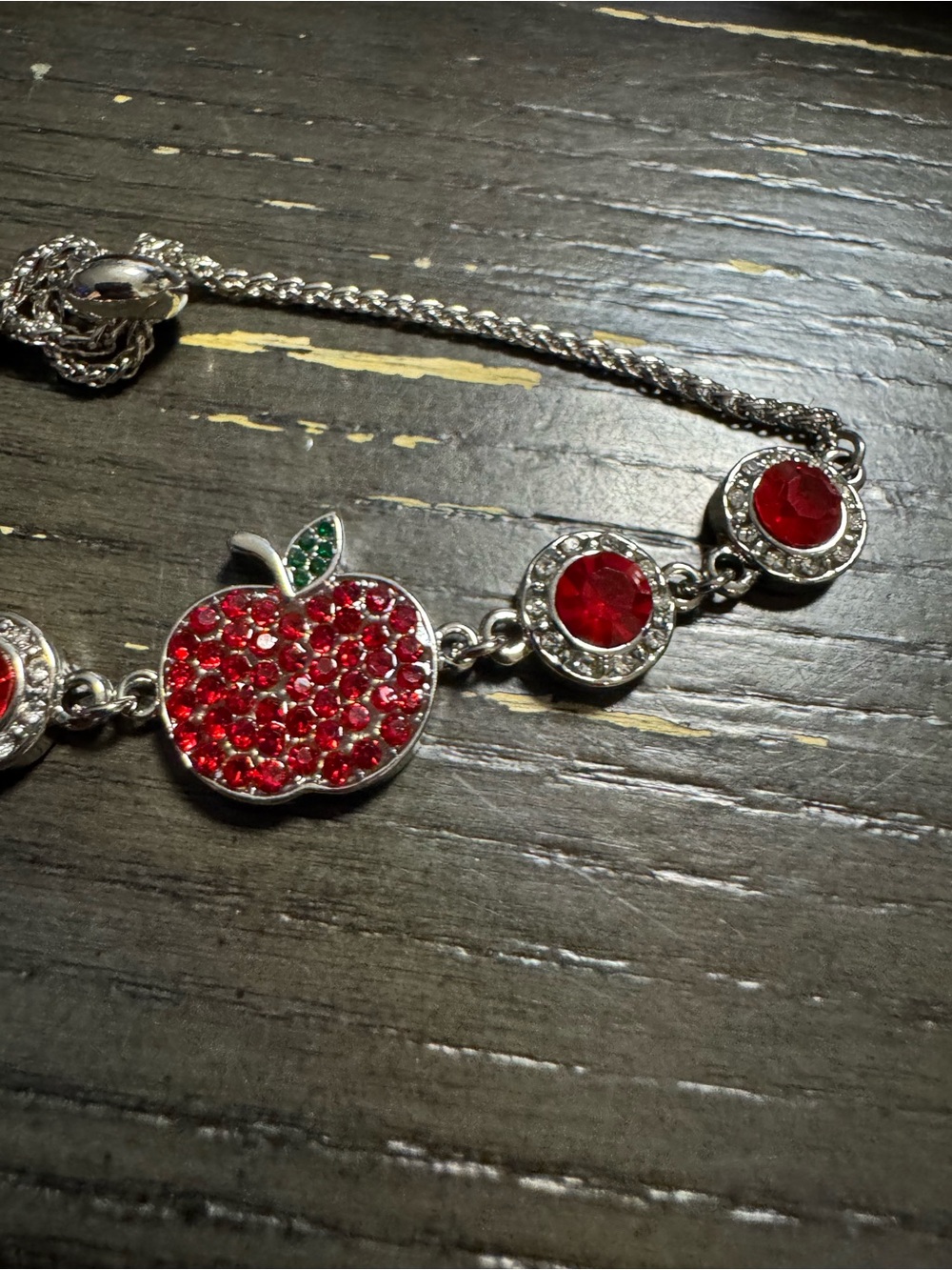 Source Unknown Silver-Tone Apple Charm Bracelet with Red and Green Crystals